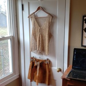 Vintage tan leather mini skirt, beaded vest